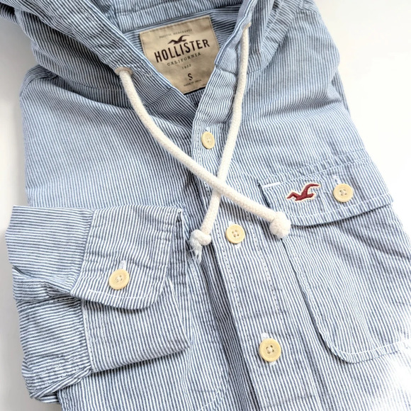 Hollister Men's Blue And White Stripes Hooded Shacket ~ Size Small - Picture 3 of 10